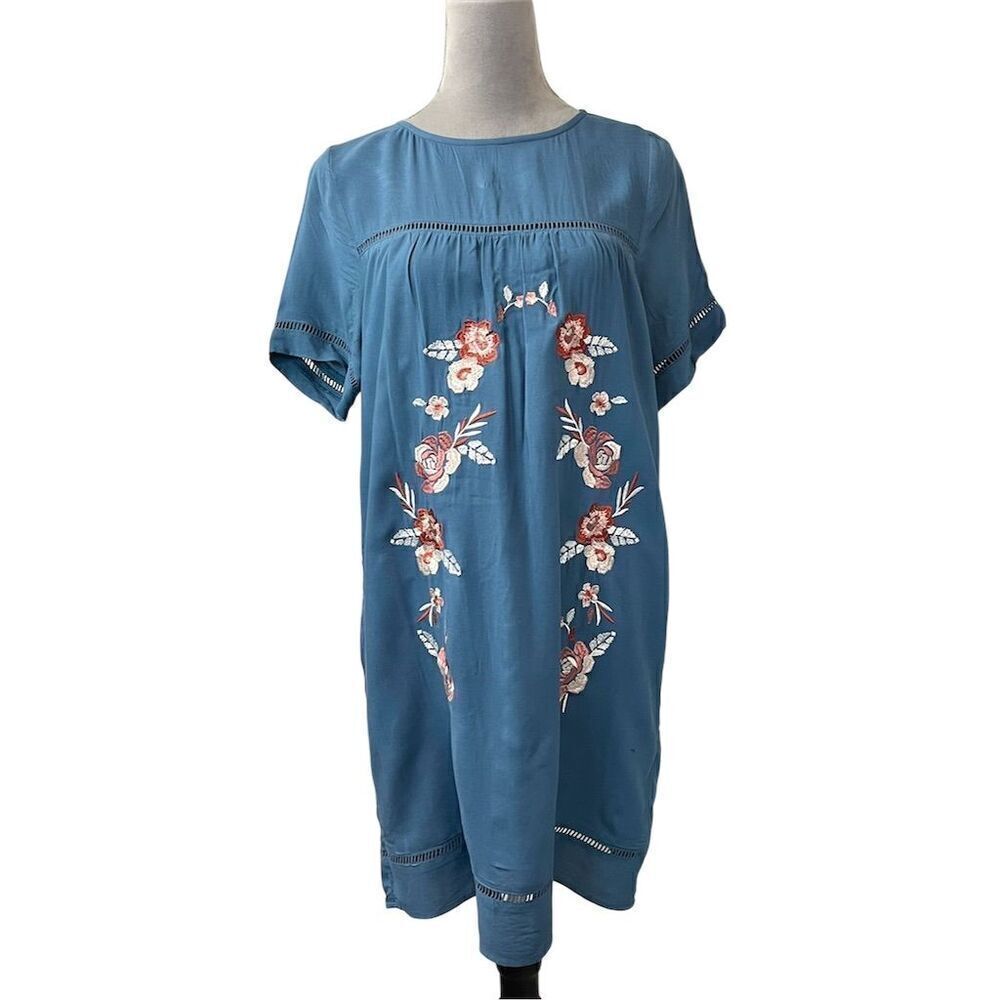 Blue Rain Floral Embroidered Shift Dress S Casual Festival Spring Mexican